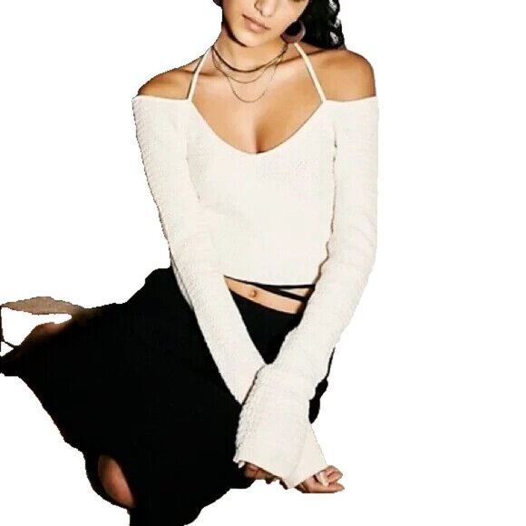 Free People Beach Playing Hard To Get Cropped Halter Sweater Women M Yellow Knit - Picture 6 of 9